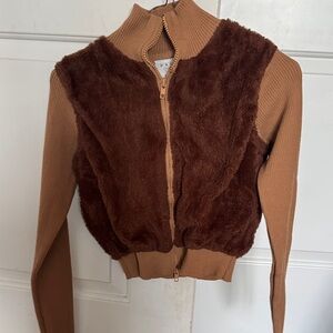 Cropped Brown Faux Fur and Knit Jacket